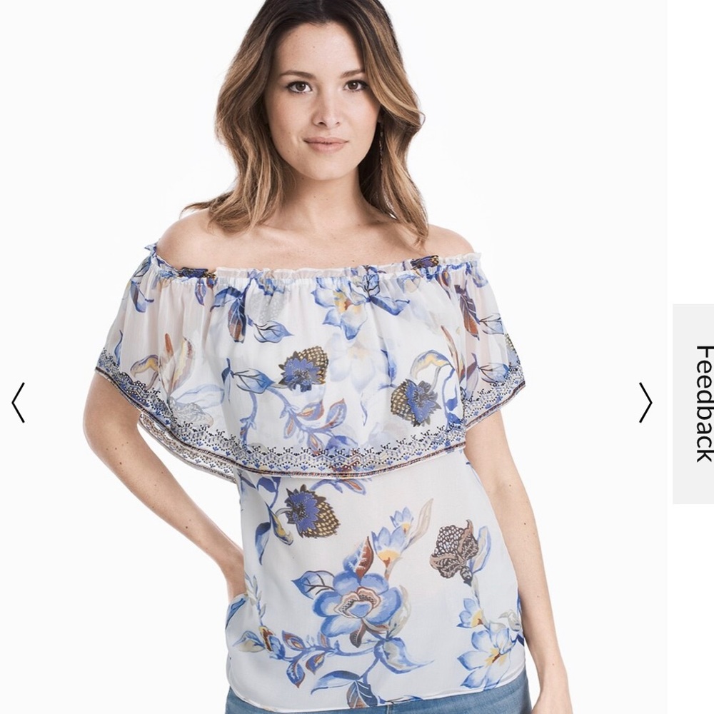 White House Black Market White Floral Off-Shoulder Blouse with Blue Accents